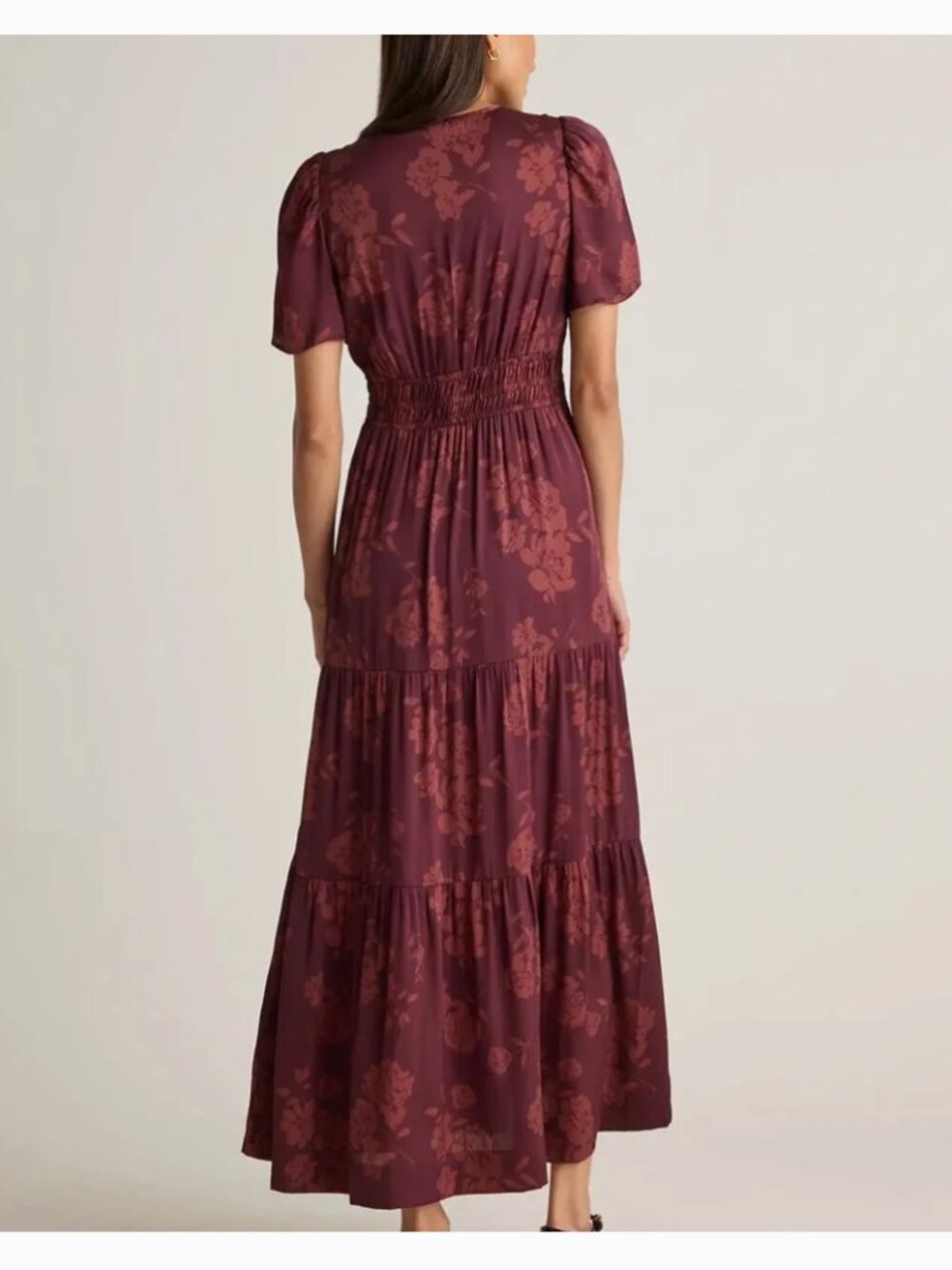 Quince Washable Silk Tiered Maxi Dress XL Burgundy Floral Wedding Guest NEW - Picture 3 of 10